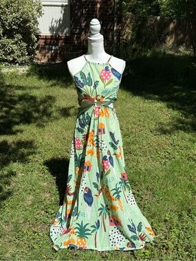 NWT ZLEUROPE handmade Green Tropical Print Halter Maxi Dress size L